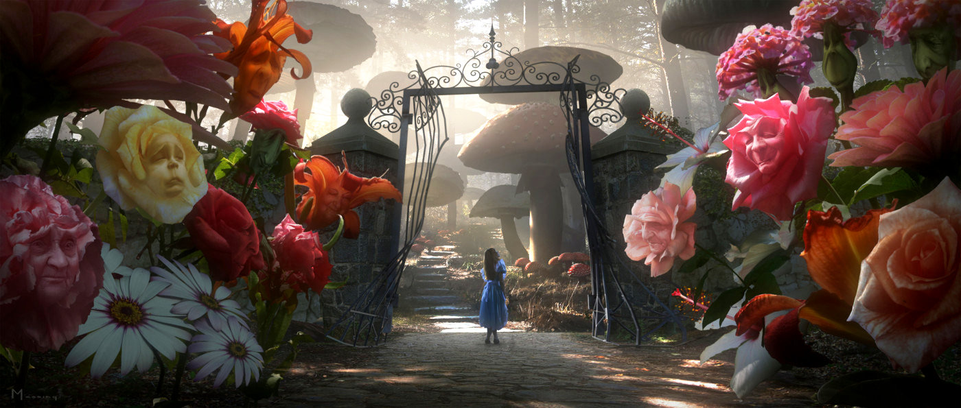 Alice in Wonderland 2010 Beautiful Scene with Flowers and Gate